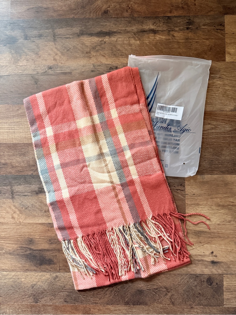 Wander Coral Plaid Fringe Scarf with Cream Accents